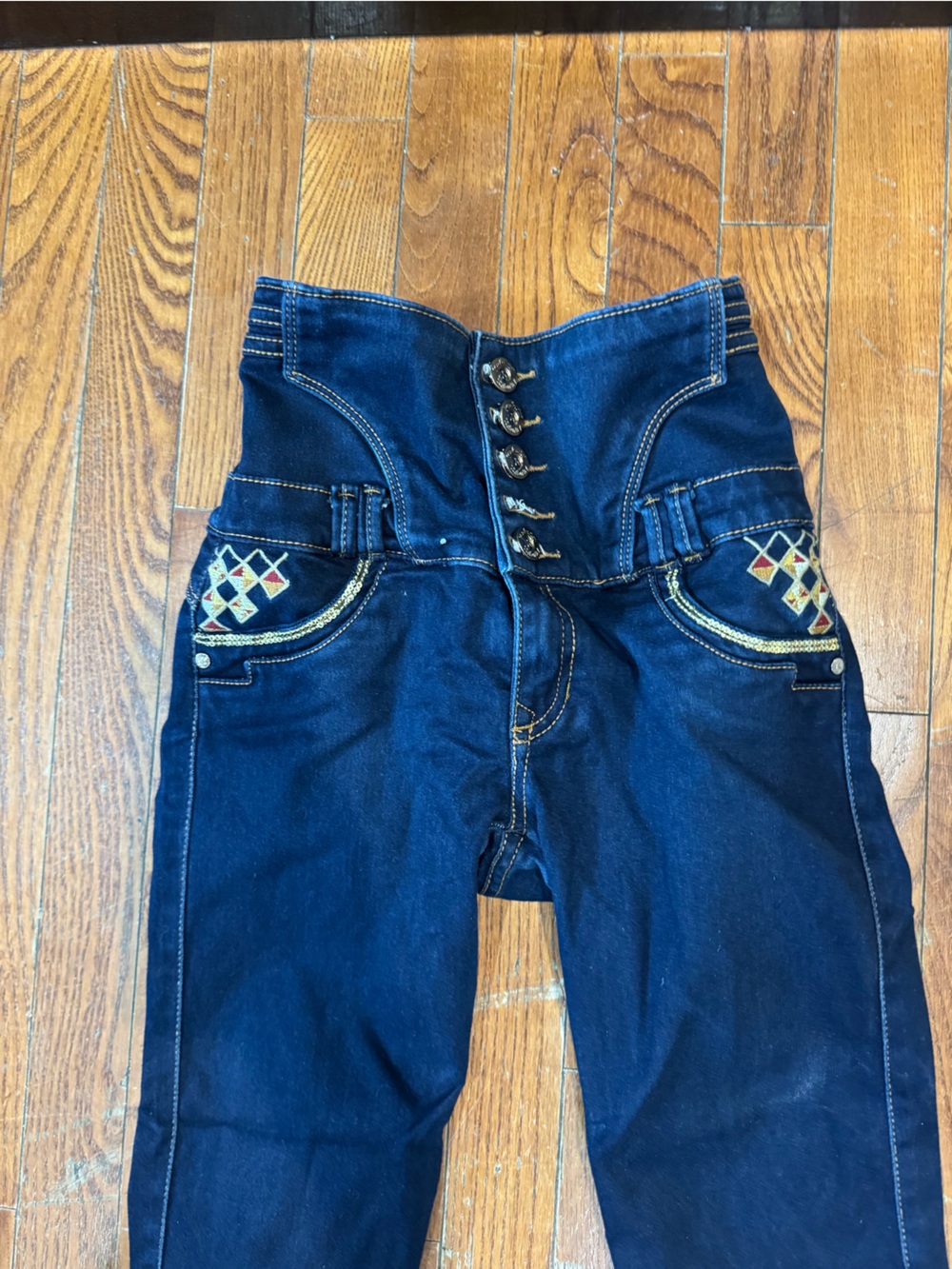 Dark Blue Women's Stretch Skinny Jeans with Embroidered Pockets - Picture 2 of 9